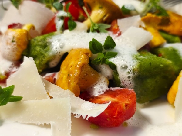 Bärlauch Gnocchi mit geschmorten Tomaten, Pfifferlingen und gehobelten Parmesan